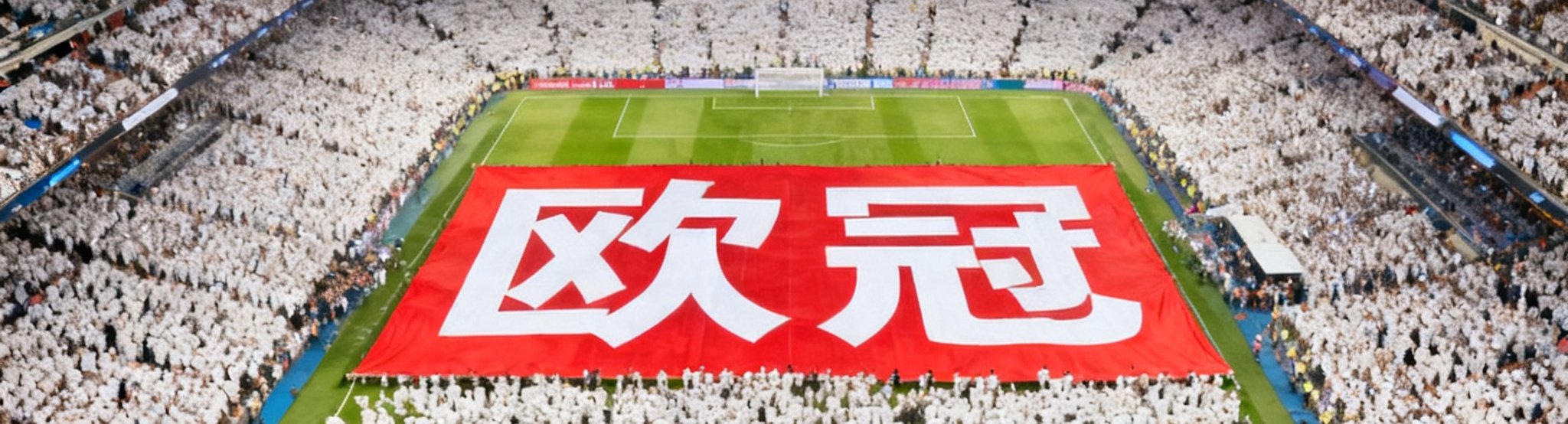 欧冠决赛夜伯纳乌球场全景俯瞰画面，八万名球迷汇聚成白色海洋，球场灯光璀璨如昼，巨型欧冠横幅在草皮上方展开